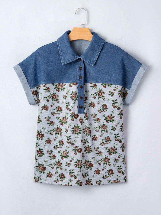 Floral Print Denim Patchwork Blouse