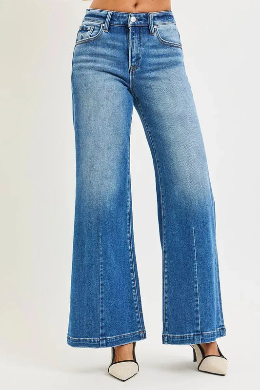 RISEN Jeans - Full Size Mid Rise Wide Leg Jeans with Flared Look