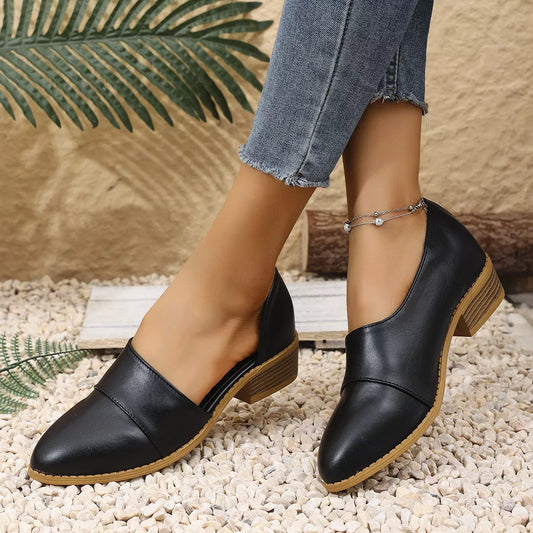 Point Toe Block Heels Loafers PU Leather Low Heel Shoes