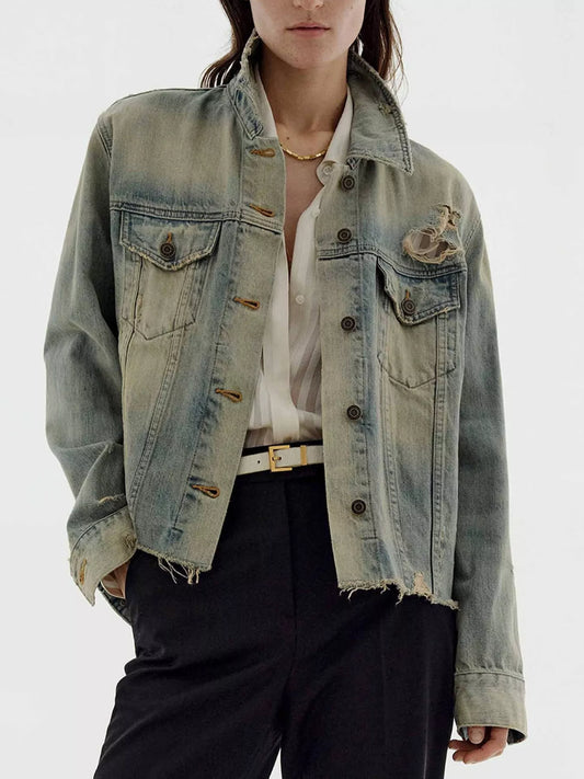 Distressed Wash Button Up Denim Jacket