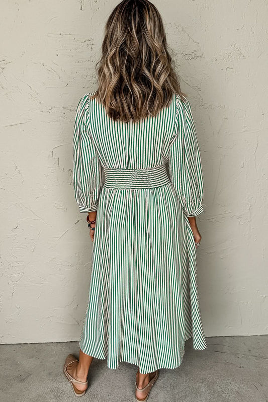 Green Striped V Neck Zip Front Midi Dress Cinched Waist