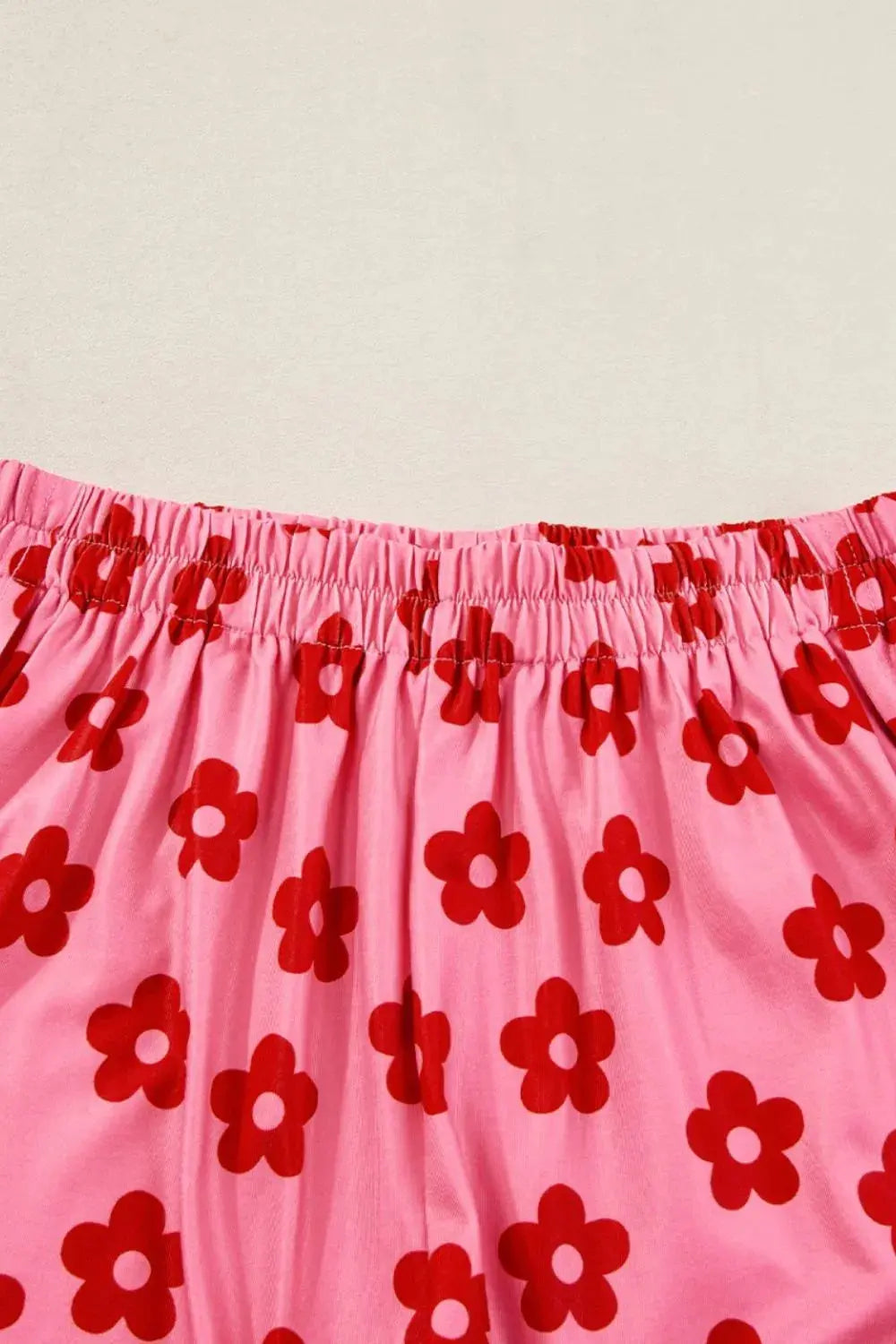 Pink & Red Floral Cropped Tee and Shorts Womens Loungewear Set