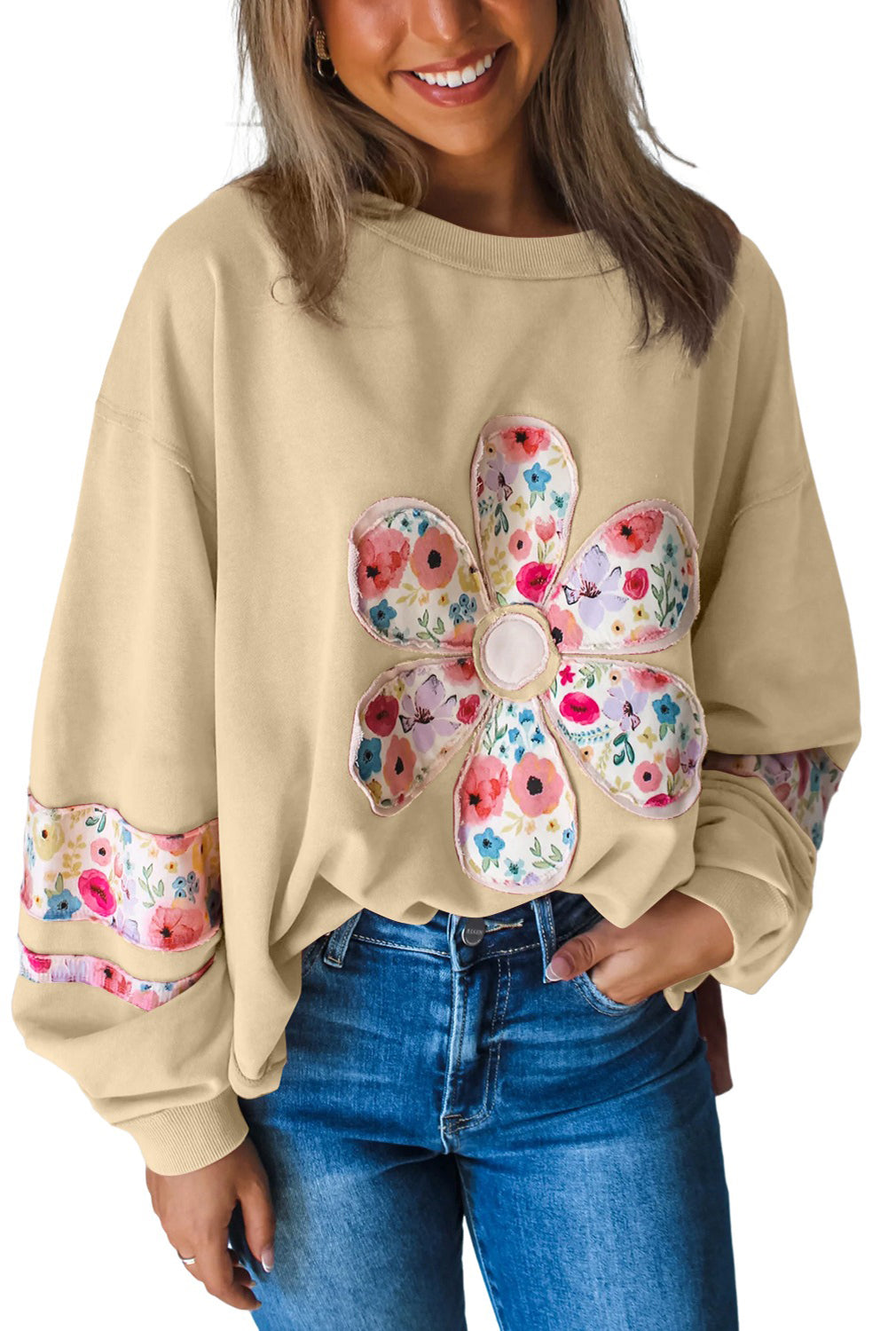 Pale Khaki Flower Applique Patchwork Drop Sleeve Pullover Sweatshirt