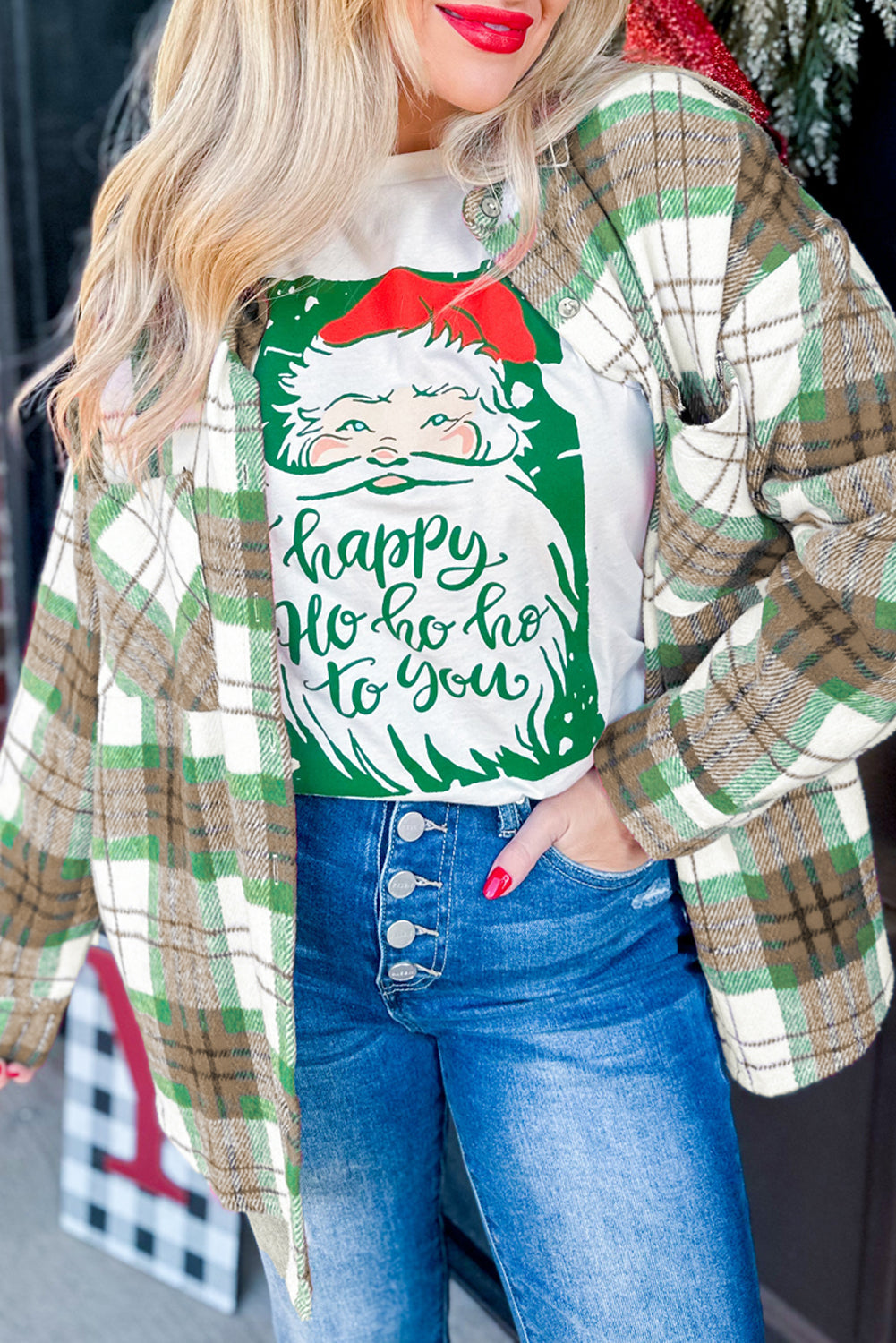 Rose Christmas Plaid Flannel Shacket for Cozy Winter Casual Wear