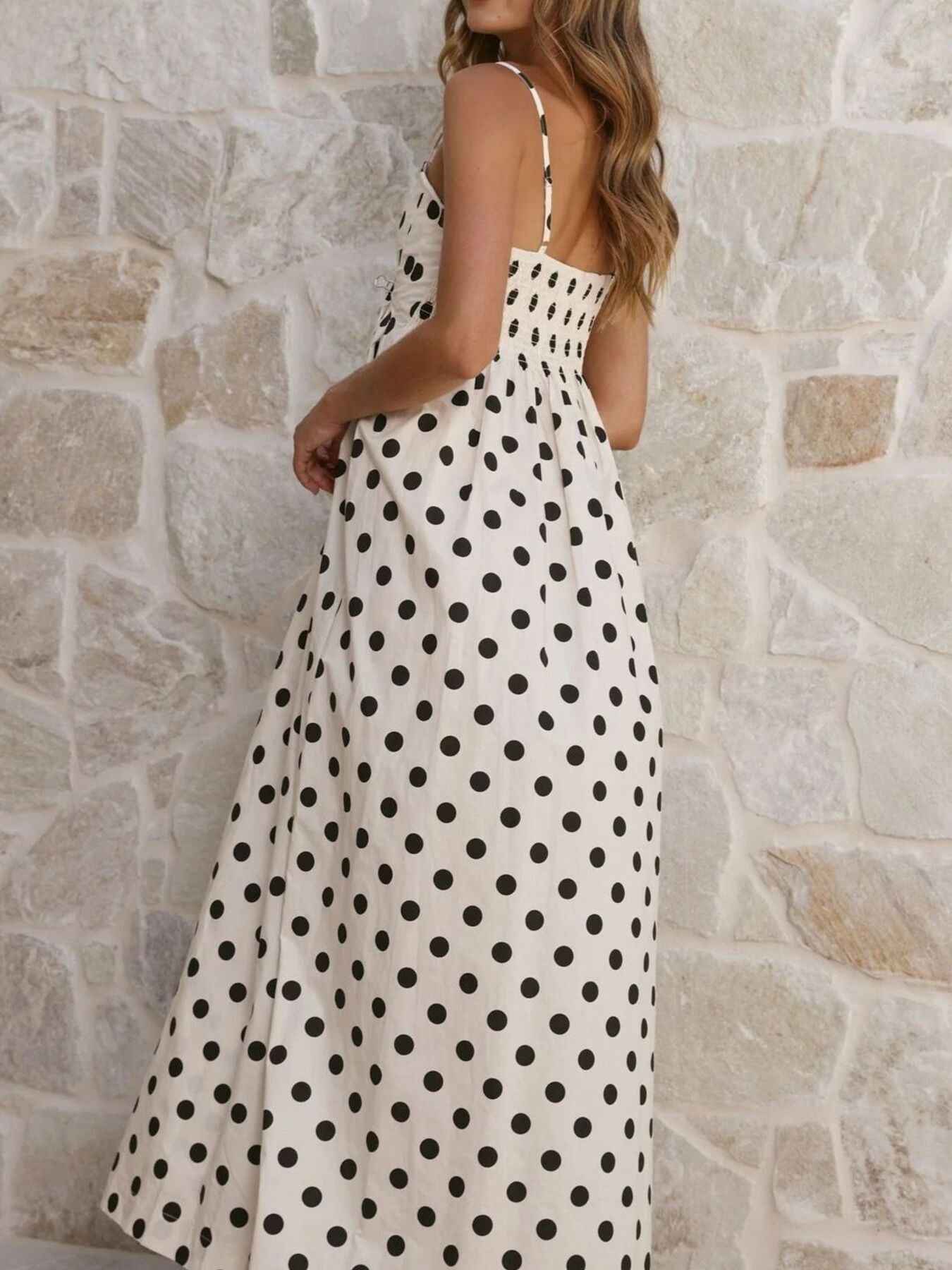 Polka Dot Pleated Detail Maxi Dress