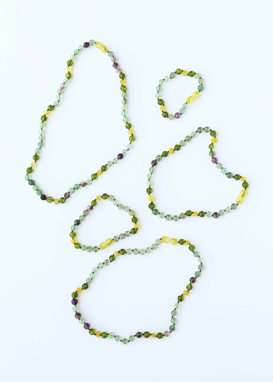 Raw Baltic Sea Amber + Fluorite + Peridot || Gemstone Necklace