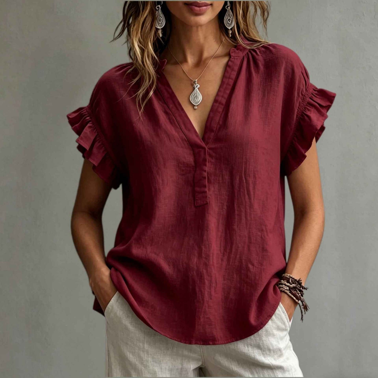 Cotton-Linen V-Neck Ruffle Sleeve Blouse