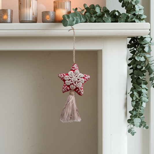 Red Star Embroidered Felted Wool Handmade Ornament - Mexico