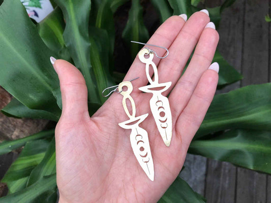 Dagger earrings, hammered metal jewelry, moon phase dagger earrings