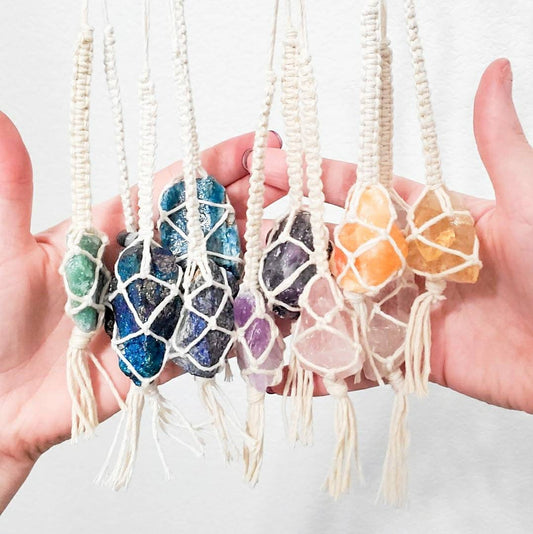 Crystal rear view mirror charm. Car accessories, macrame mirror hangers, metaphysical gifts and crystal accessories. Stocking stuffers