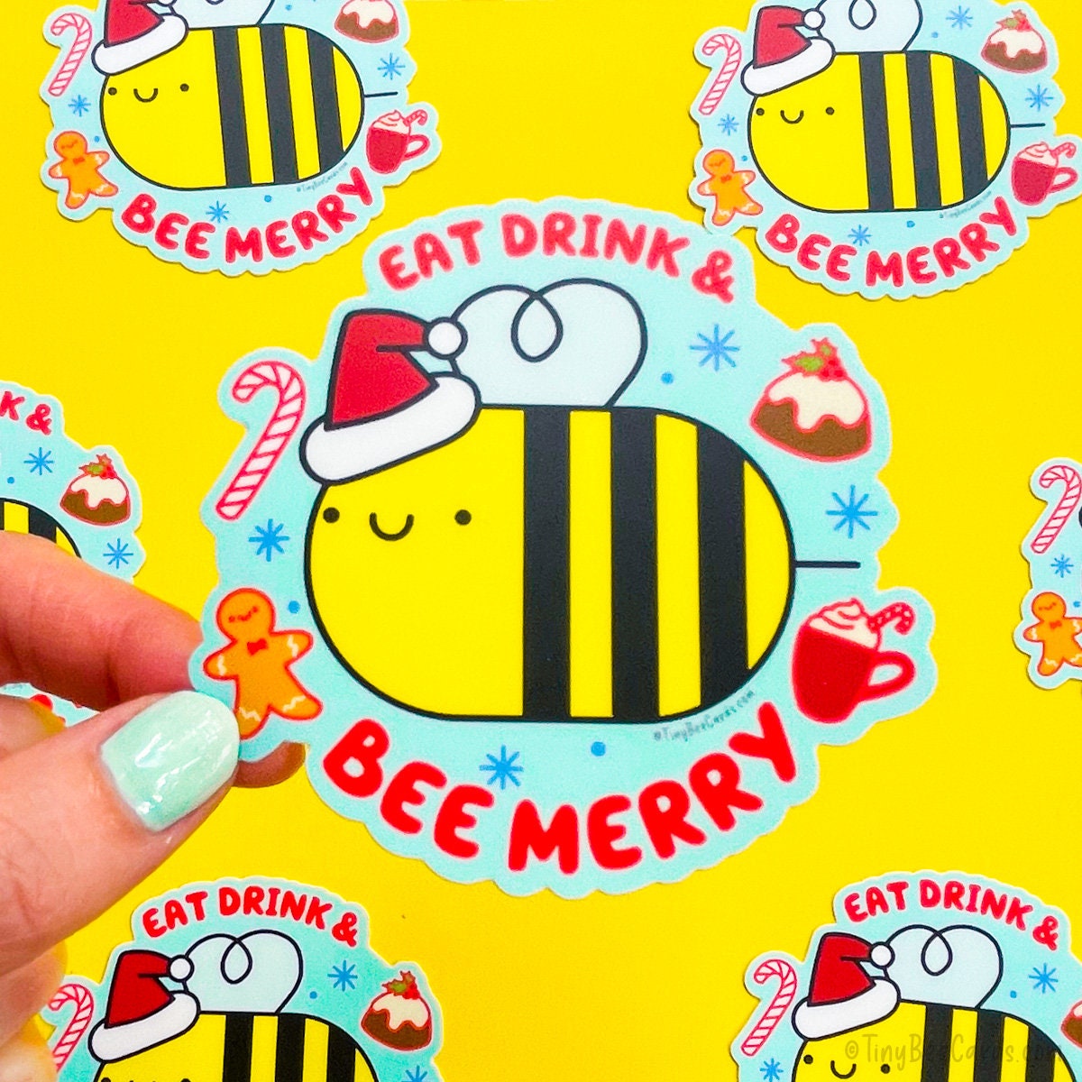 Cute Bee Christmas Vinyl Sticker - Eat Drink and Bee Merry
