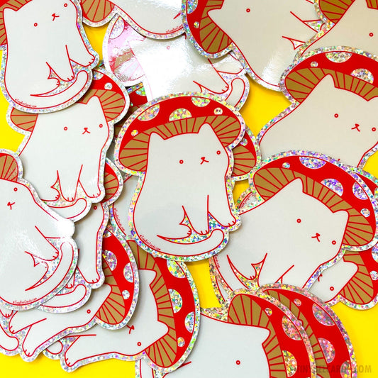Mushroom Cat Vinyl Sticker - Cute Glitter Cottagecore Fungi Decal