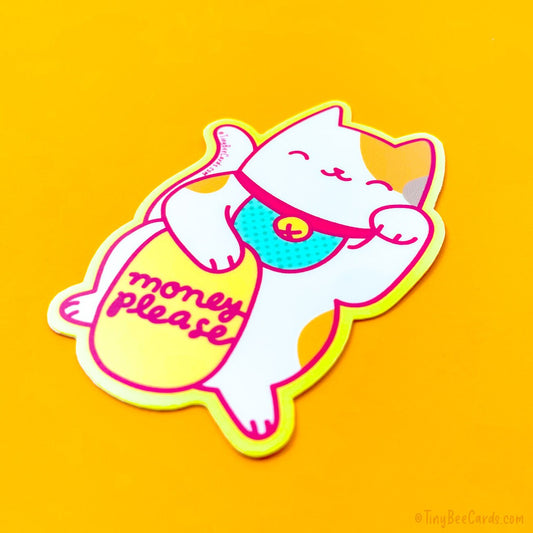 Lucky Cat Maneki Neko Vinyl Sticker "Money Please"