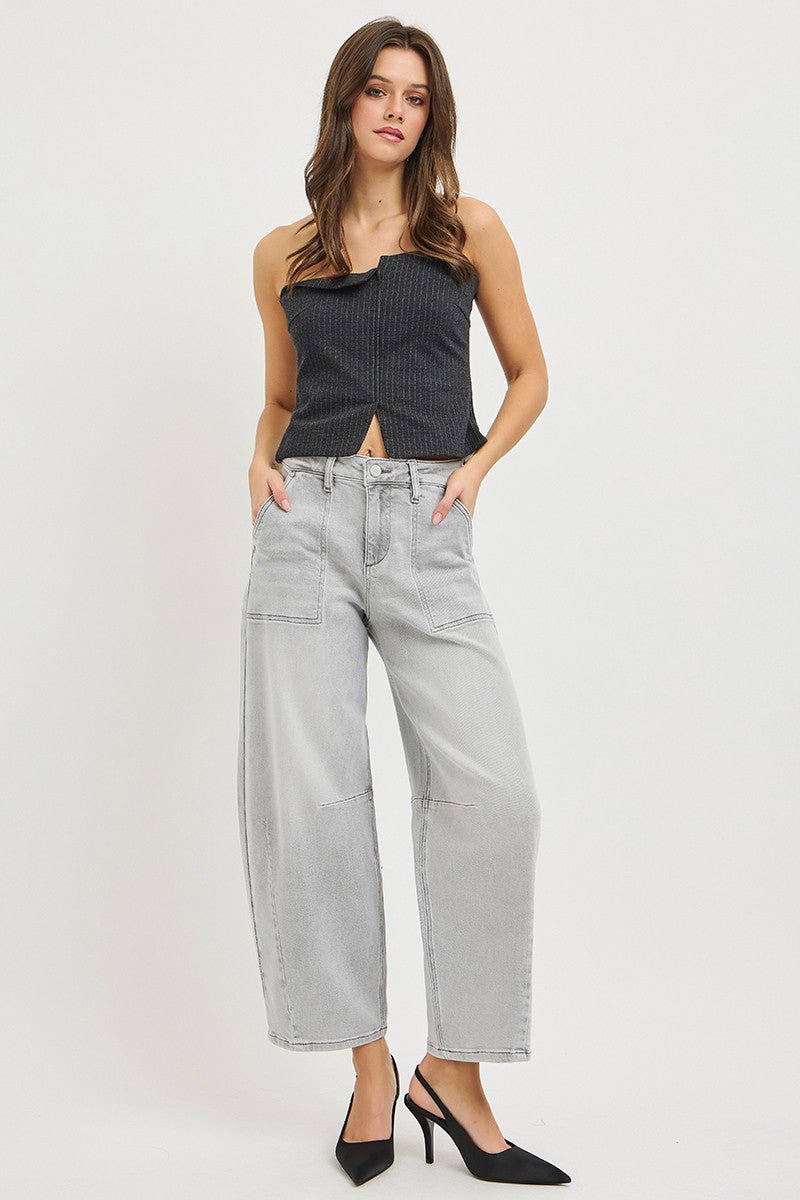 Light Gray Slouchy Cropped Barrel Jeans by Risen