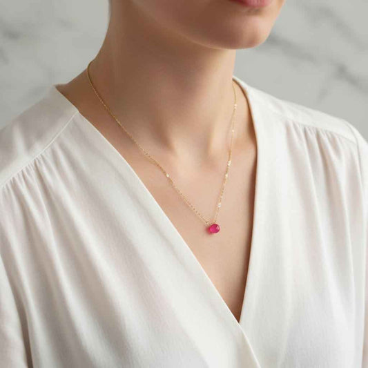 Tiny Hot Pink Chalcedony Gold Filled Necklace