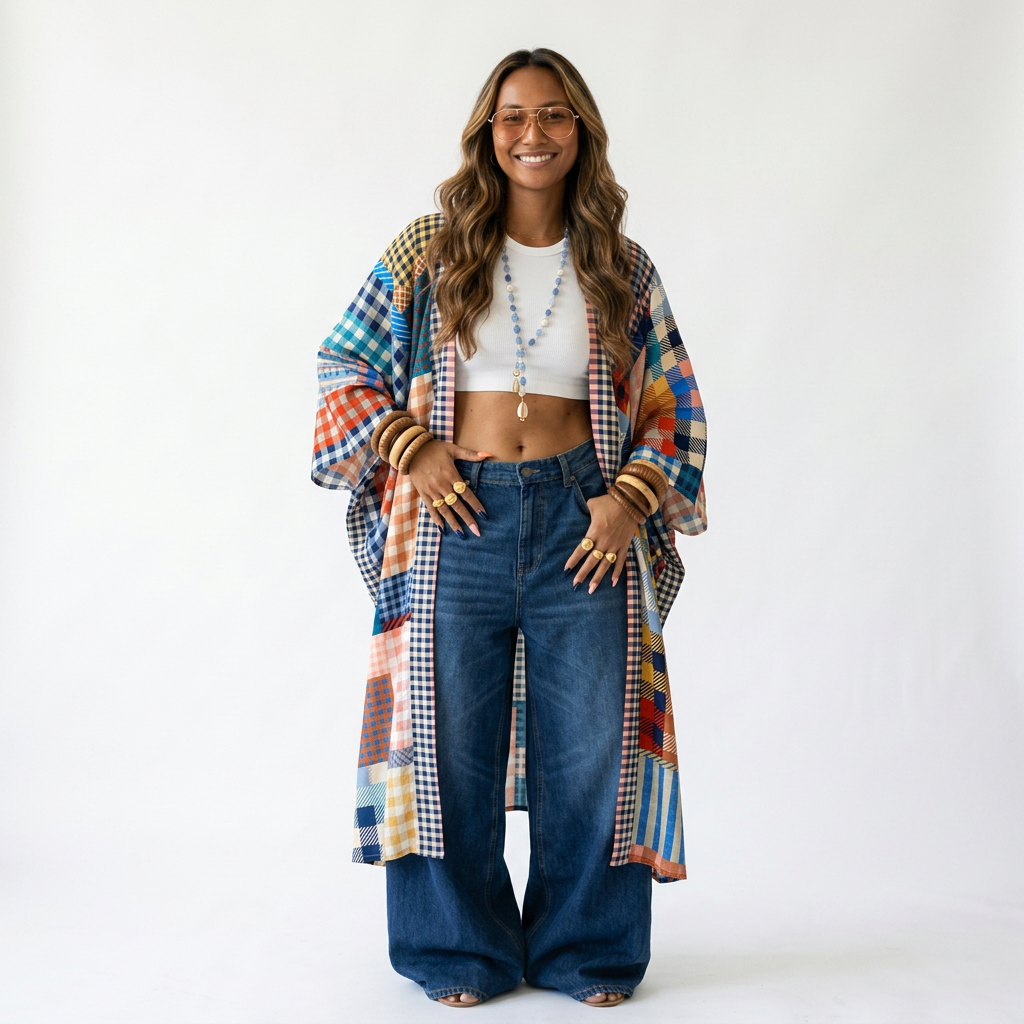 Vibrant Patchwork Kimono Maxi Dress