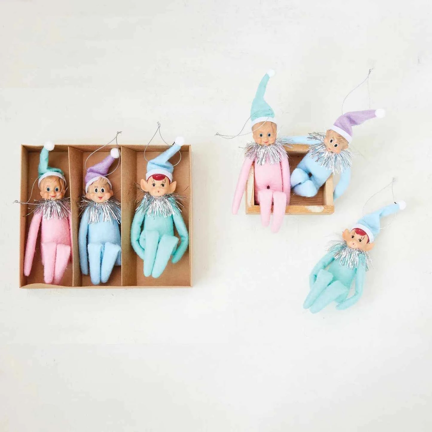 Pastel MCM KneeHugger Elf Ornaments Set of 3 by Bethany Lowe — Vintage Reproduction Christmas Ornaments