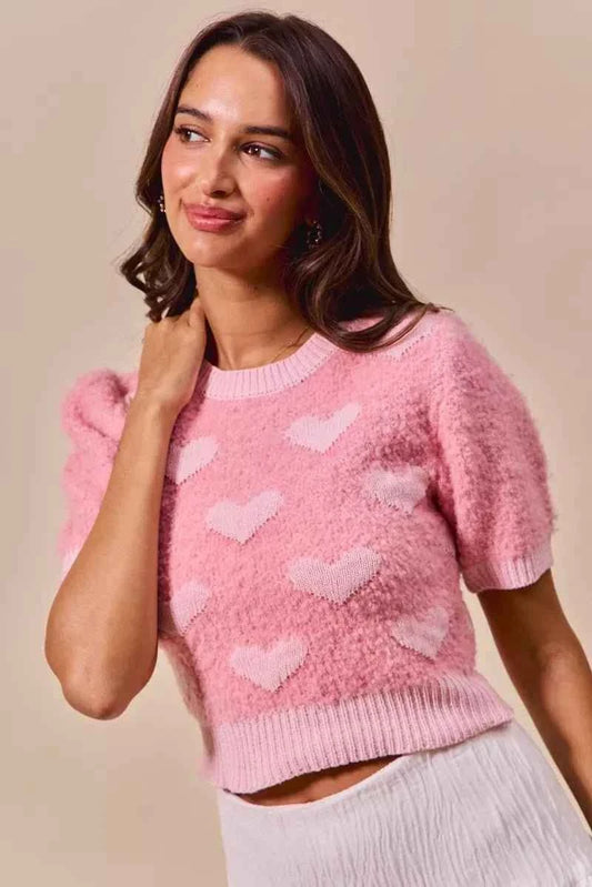 Pink All Over Heart Valentine Cropped Sweater Top by BiBi
