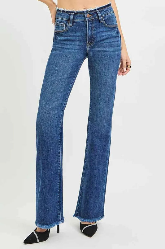 RISEN Full Size Mid Rise Bootcut Frayed Waistband Hem Detail Jeans Plus Size