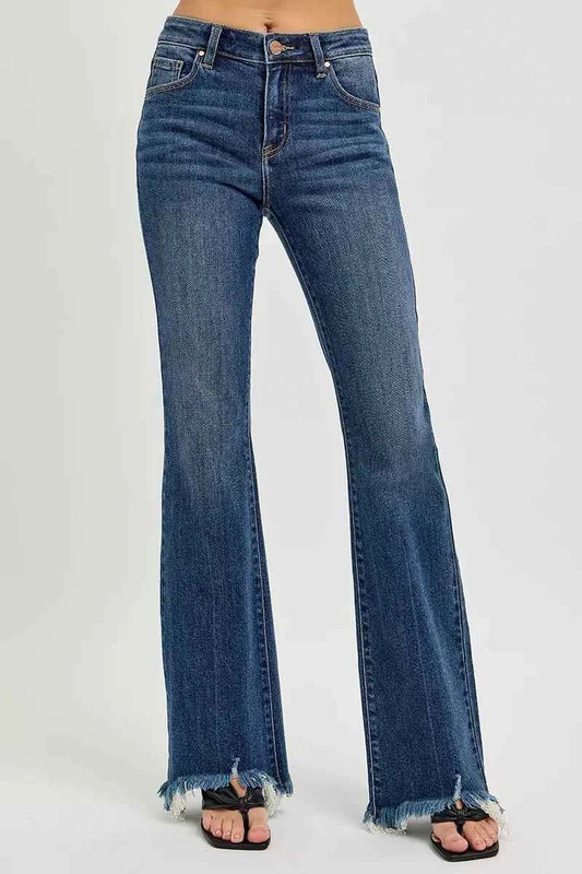 RISEN Full Size Mid Rise Flare Frayed Hem Jeans Plus Size