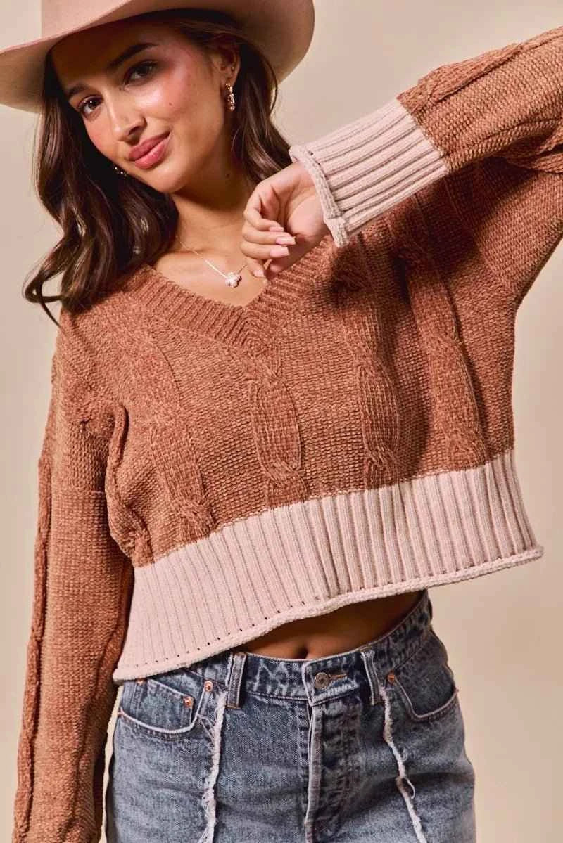 Rust Chenille Cable Knit V-Neck Contrast Cropped Sweater by So Me