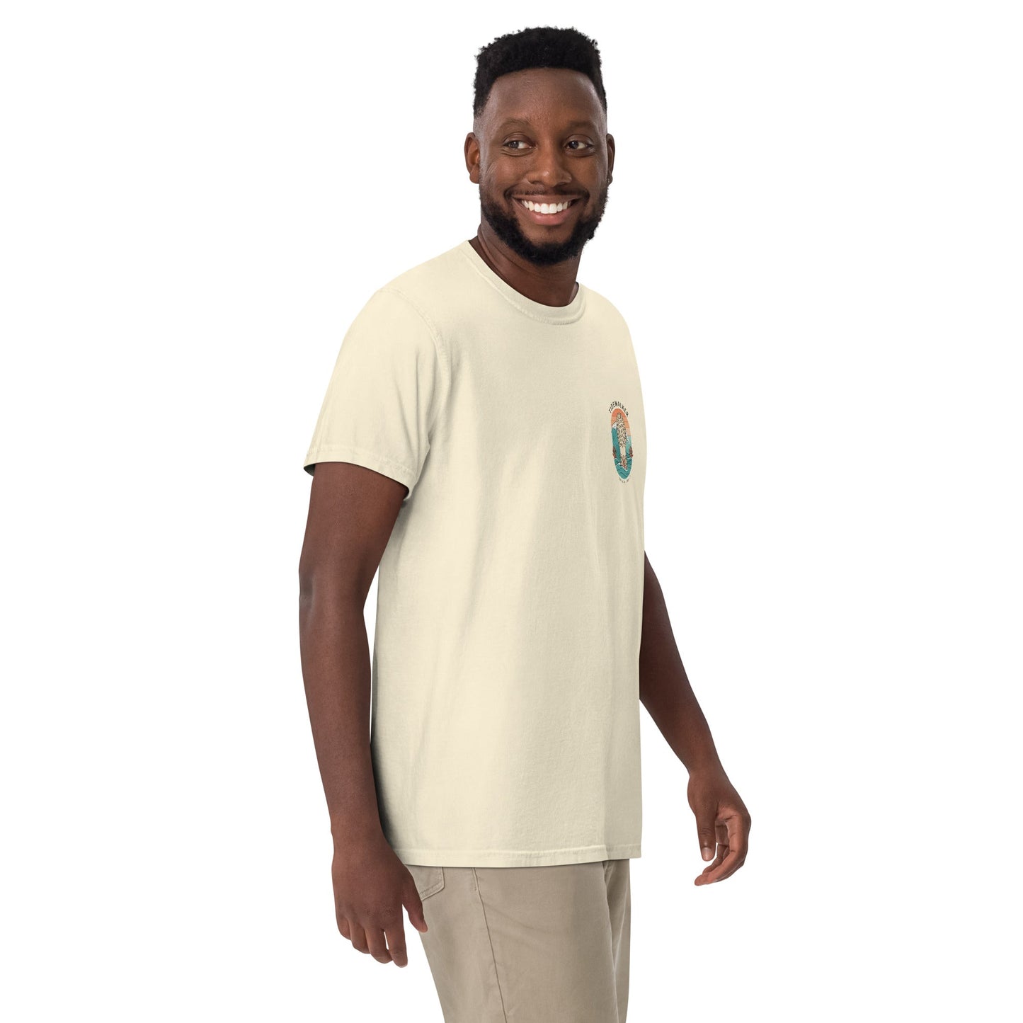 Tidewalker Tee | Bootprints Along Coastal Trail with Sunset and Ocean – Beach Walk Graphic Back Tee with Front Crest Patch (CC1717)
