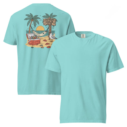 Castaway Cooler Club Tee | Tropical Beach Scene with Hammock, Sunset, and Coolers – Playful Coastal Graphic Back Tee (CC1717)