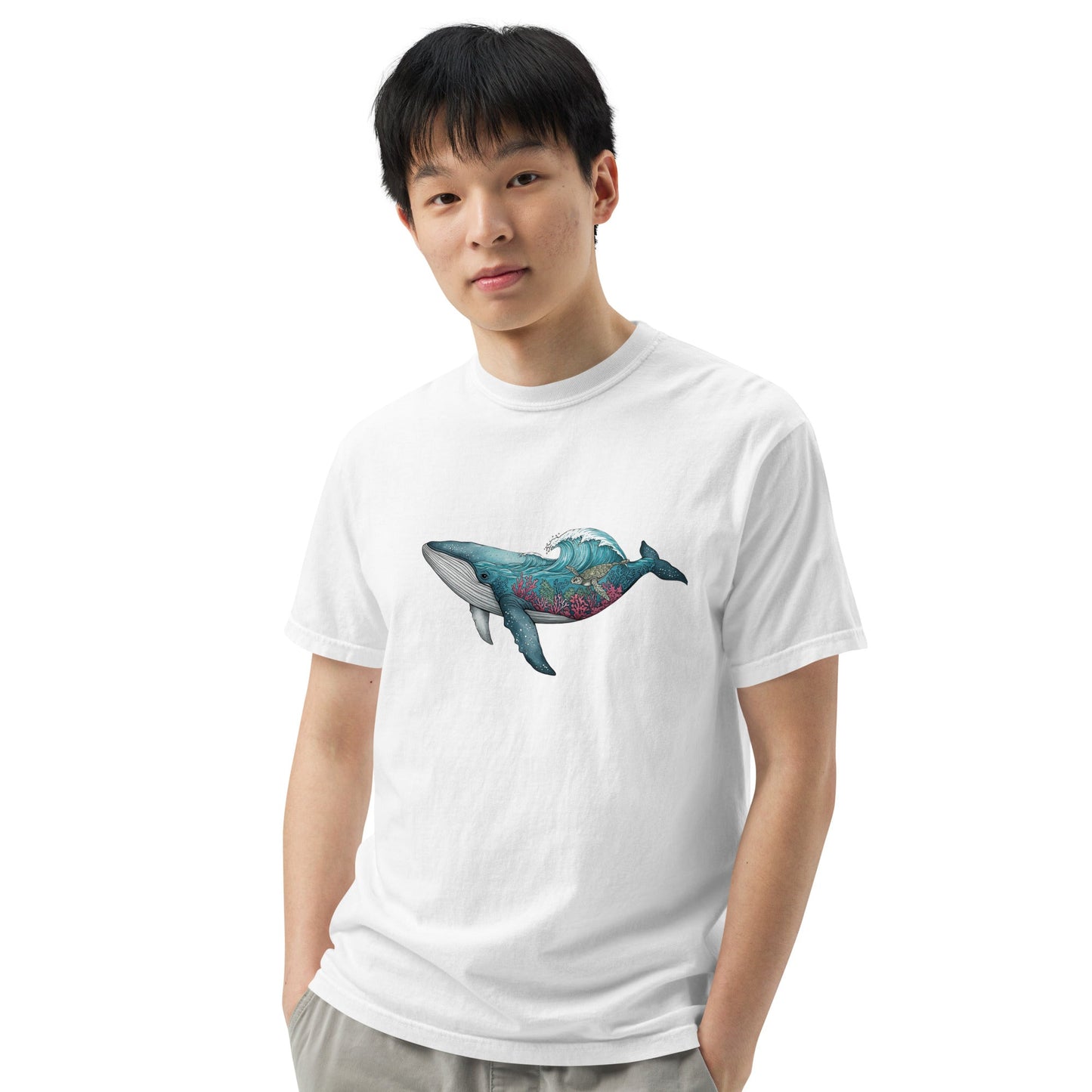 Reef Rider Tee | Illustrated Whale with Coral Reef and Ocean Wave – Vibrant Marine Life Graphic Tee (CC1717)