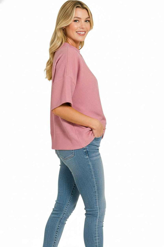 Light Rose Ribbed Round Neck Waist Banded T-Shirt By Zenana