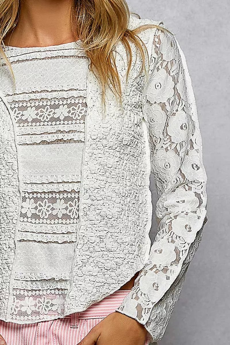Off White Round Neck Long Sleeve Exposed Seam Top with Lace Detail by POL