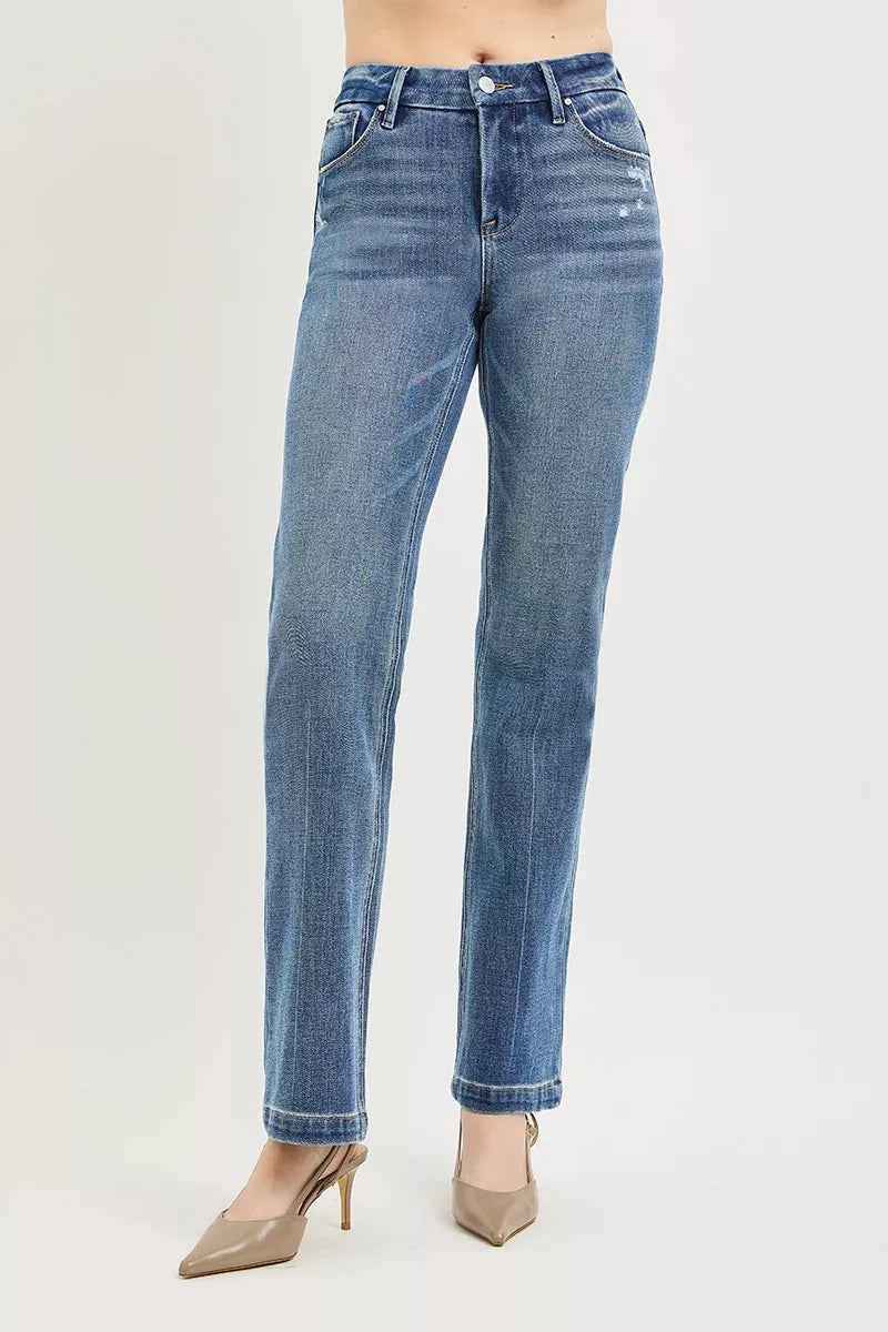 Medium Wash Tummy Control 4-Way Stretch Mid Rise Straight Crease Line|Risen