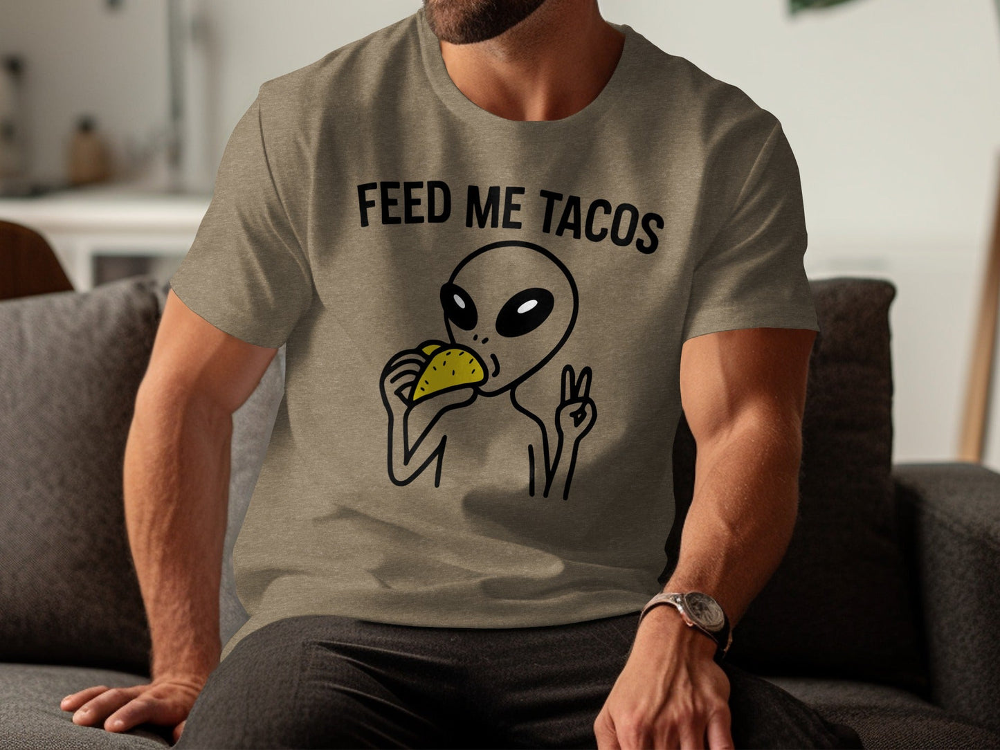 Feed Me Tacos Alien with Peace Sign Funny T-Shirt