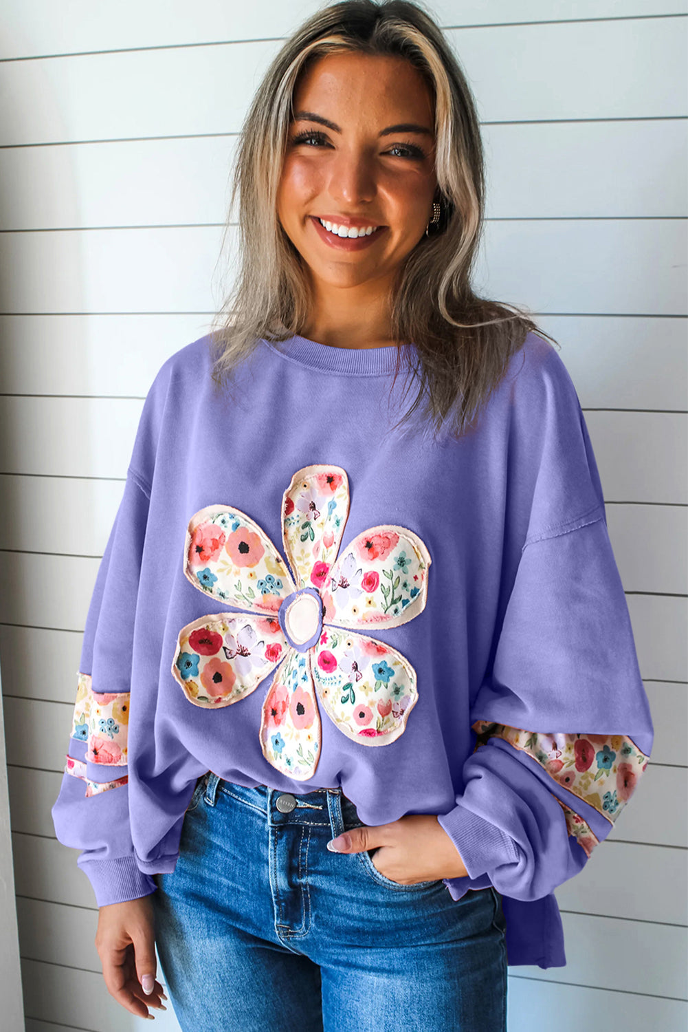 Wisteria Flower Applique Patchwork Drop Sleeve Pullover Sweatshirt