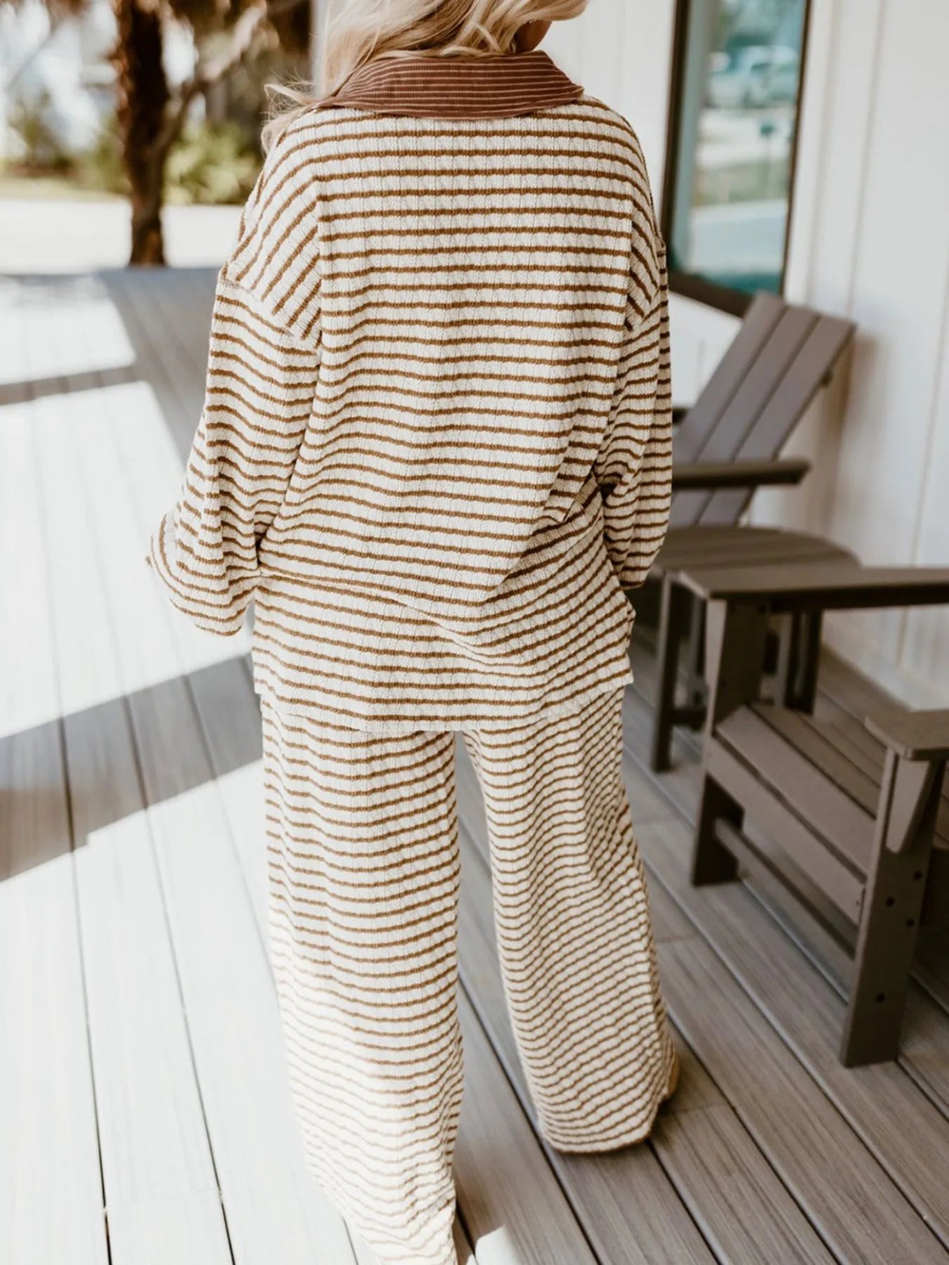 Stripe Collared Top and Drawstring Pant Loungewear Set