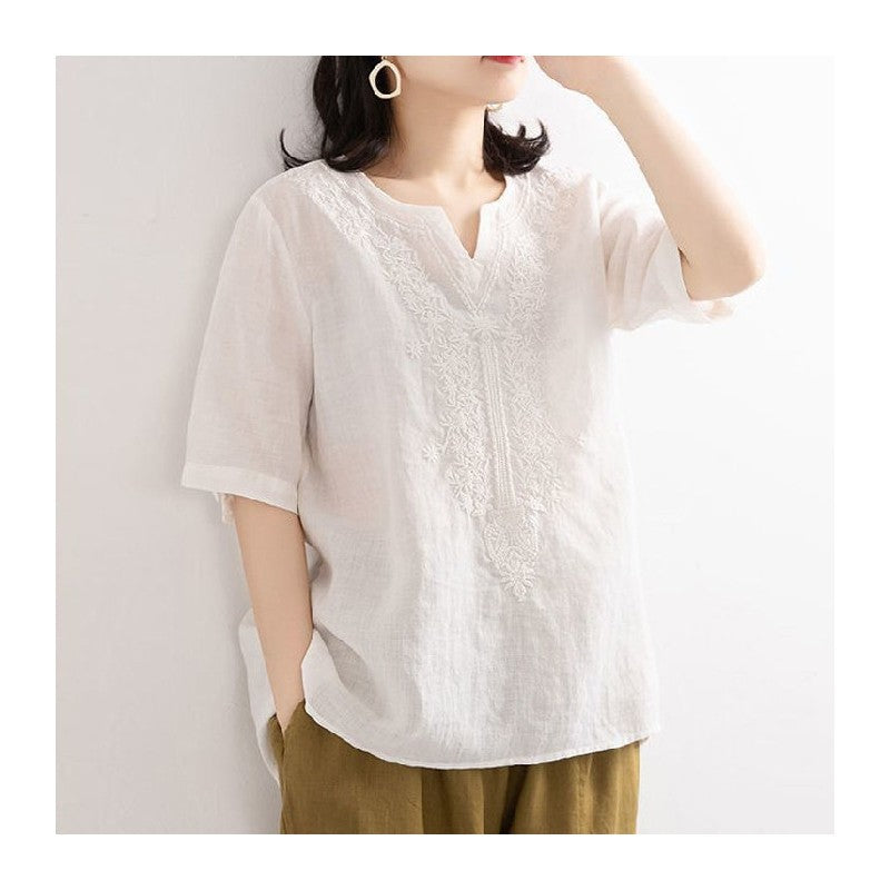 Embroidered Cotton Linen Blend Solid Color T-Shirt
