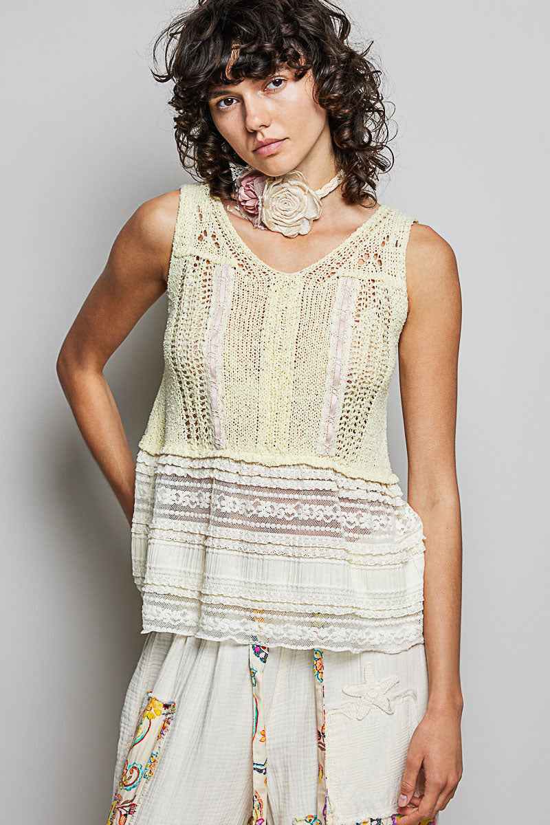 POL V-Neck Crochet Sweater Vest with Lace Trim