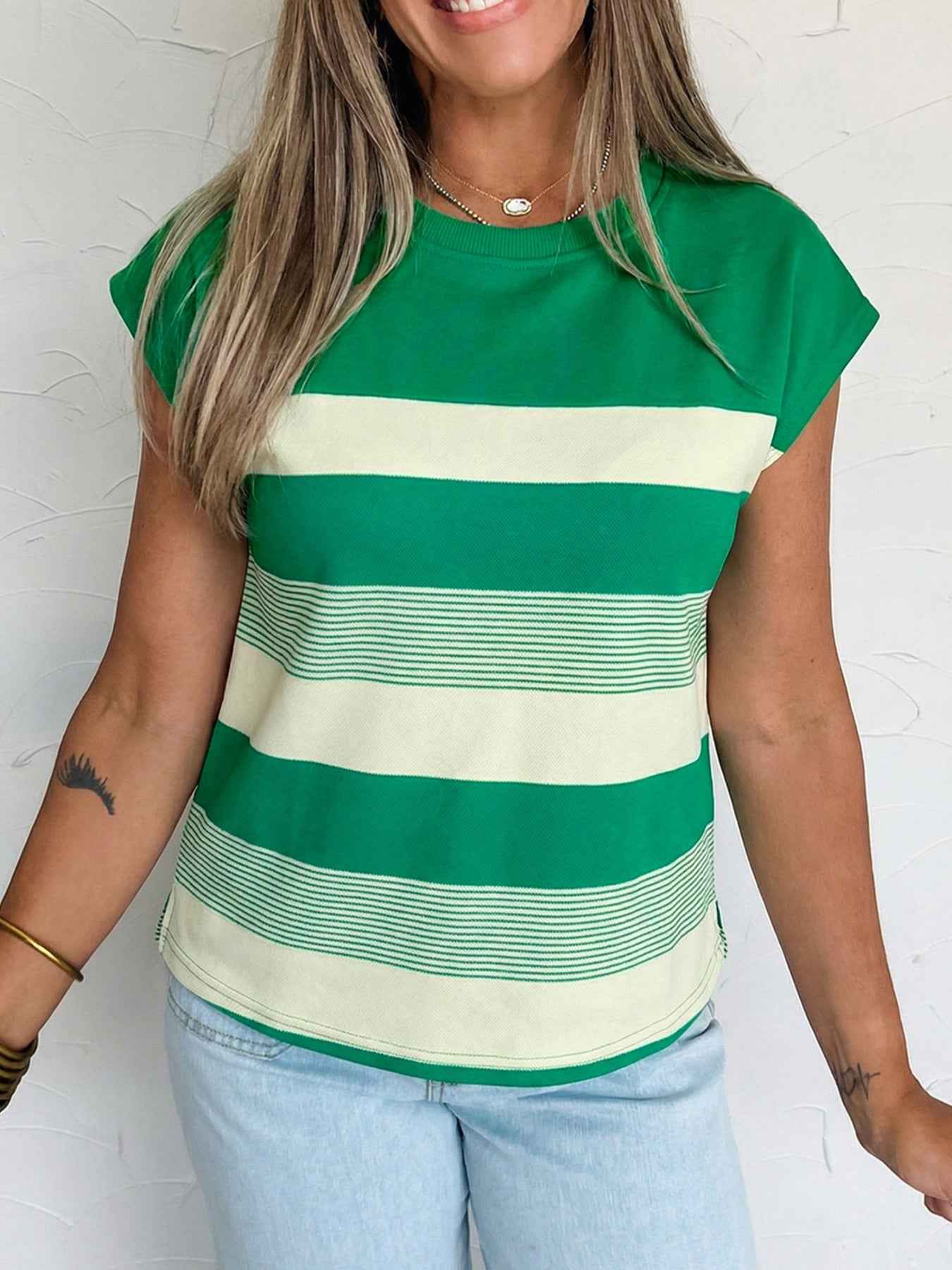 Stripe Mixed Print Crew Neck Cap Sleeve T Shirt