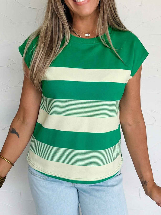 Stripe Mixed Print Crew Neck Cap Sleeve T Shirt