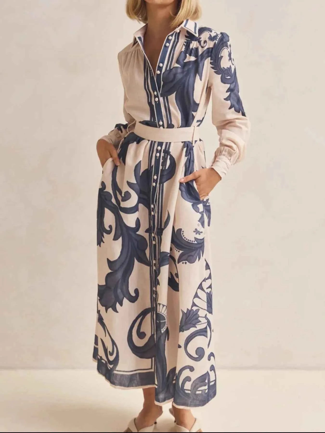 Printed Button Down Belted Shirt Dress