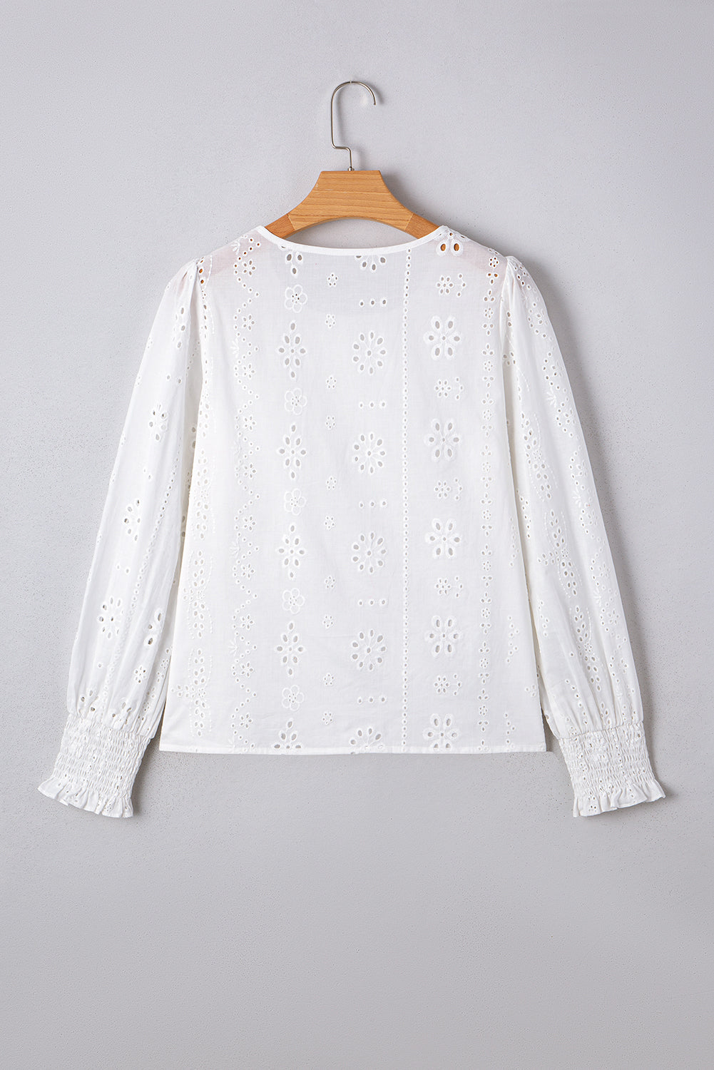 Allison Eyelet Embroidered Smocked Cuff Sheer Blouse