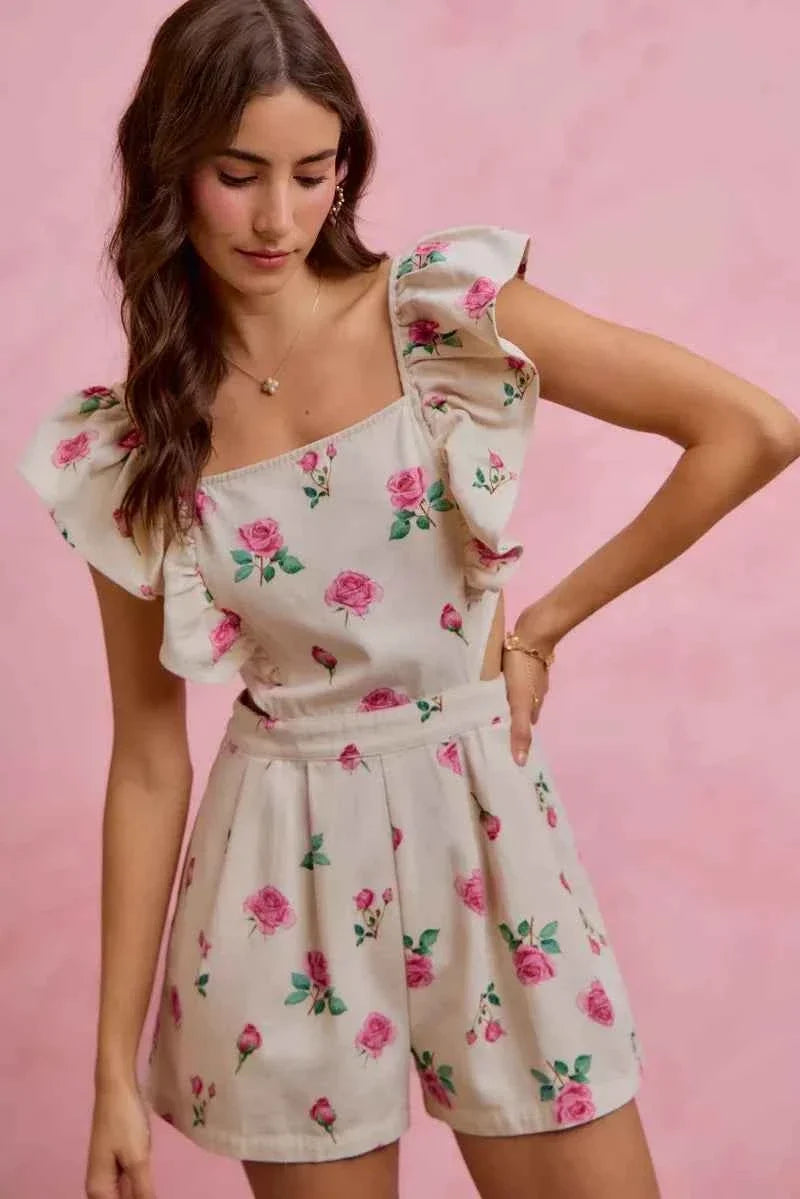 Ivory Floral Print Denim Cut Out Waist Ruffled Romper w/ Pockets by So Me