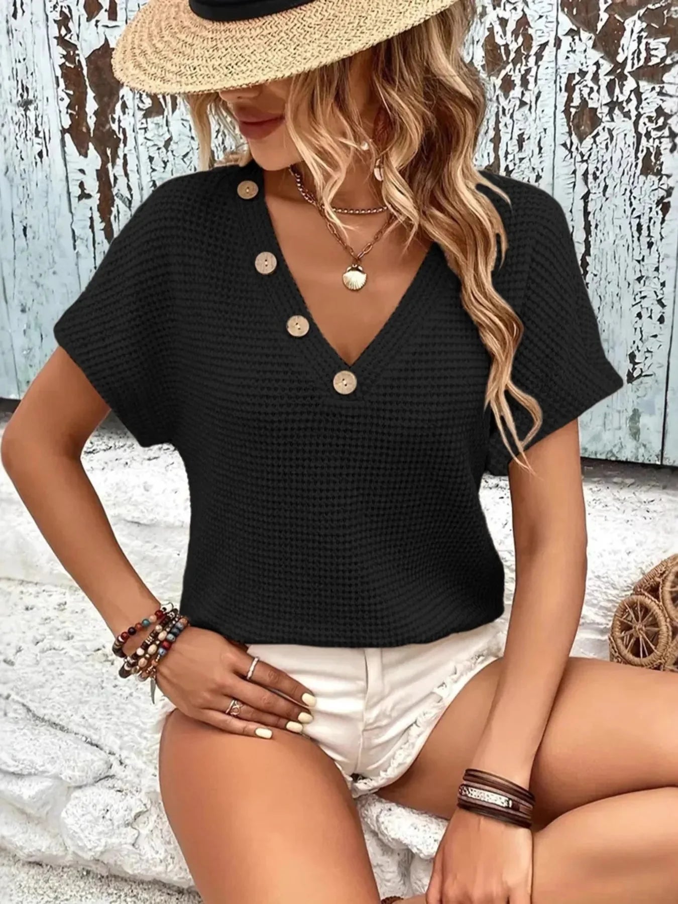 Textured Knit Womens V Neck T Shirt