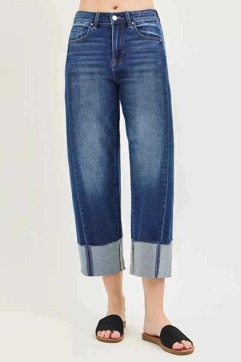 Dark Wash Full Size Slouchy Crop Barrel Cuffed Jeans Plus Size | Risen