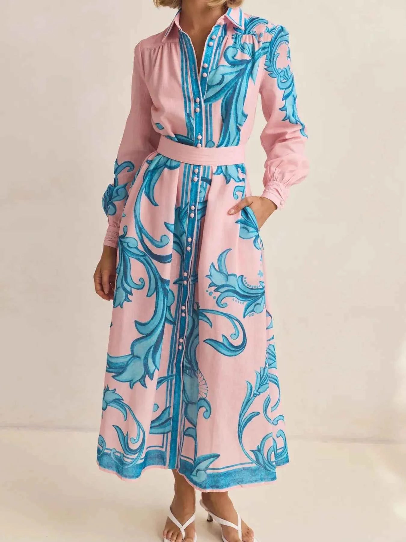 Printed Button Down Belted Shirt Dress