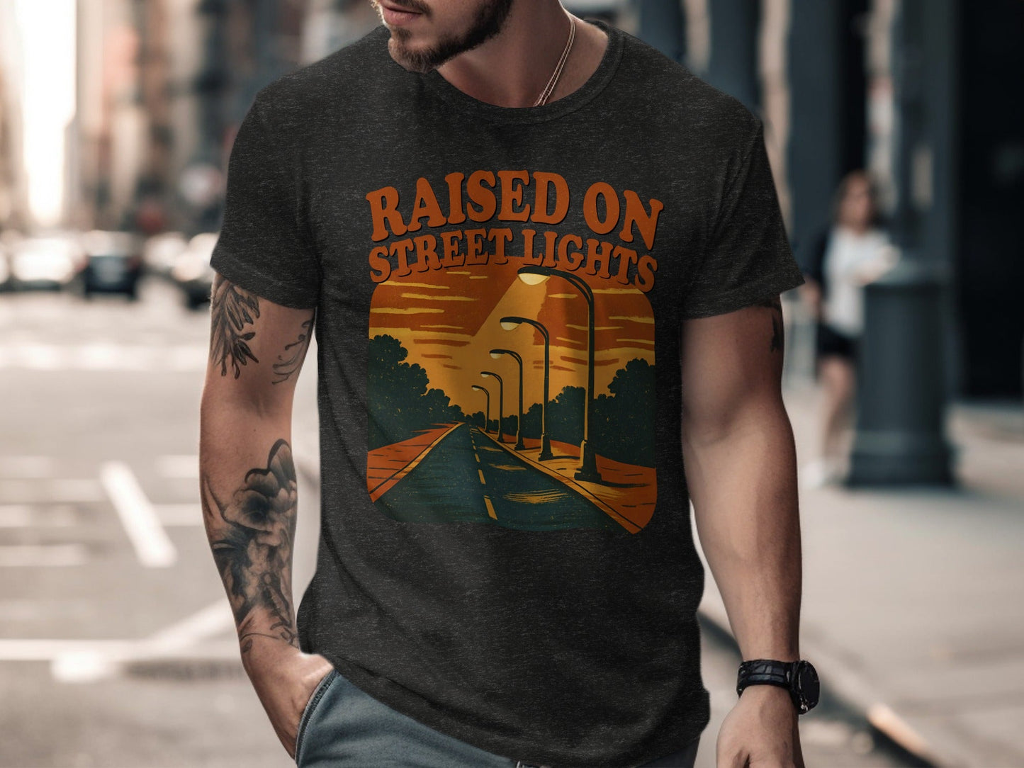 Raised On Street Lights Road Scene Graphic Design T-Shirt