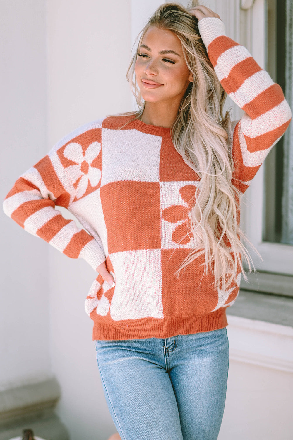 Checkered Floral Striped Sleeve Sweater