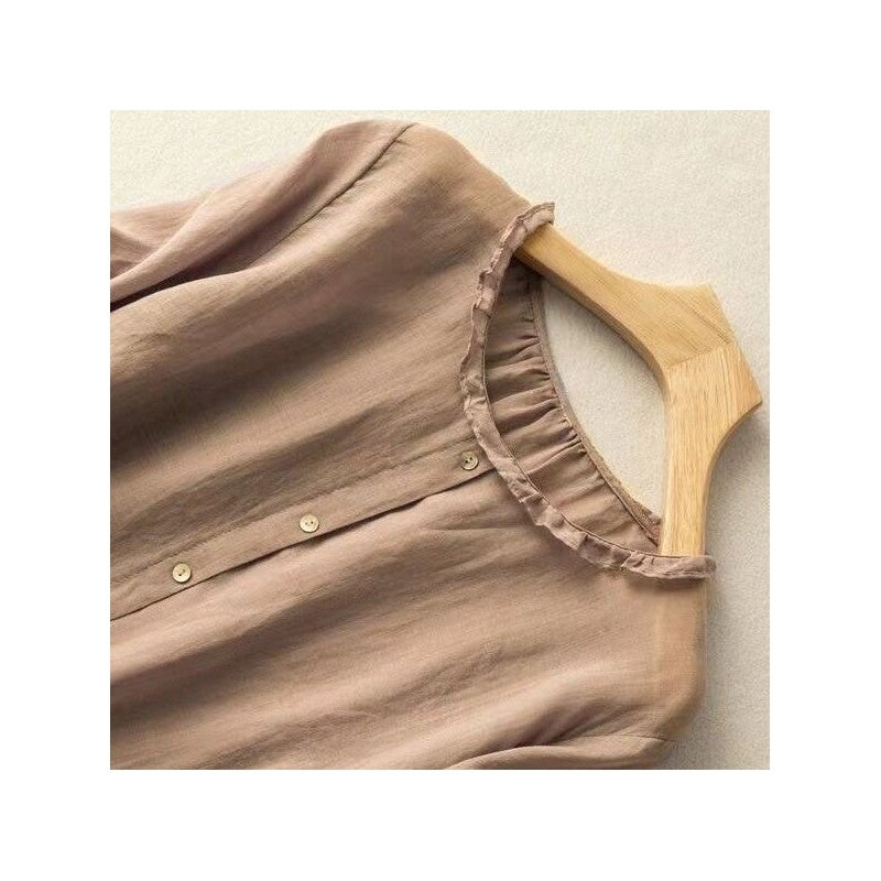 Breathable Cotton Linen Pullover Shirt with Seven-Point Sleeves