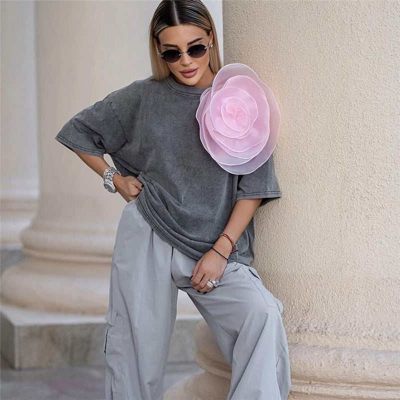 Water-Dyed Solid Color Cotton T-Shirt with Waxed Finish