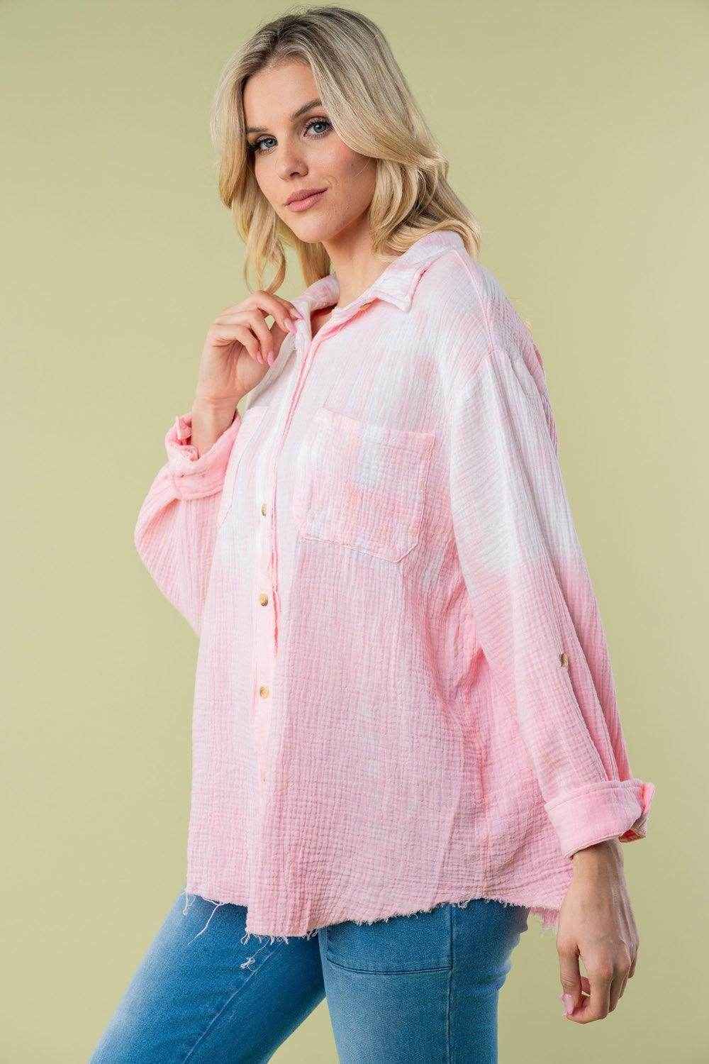 White Birch Full Size Long Sleeve Tie Dye Shirt for Women