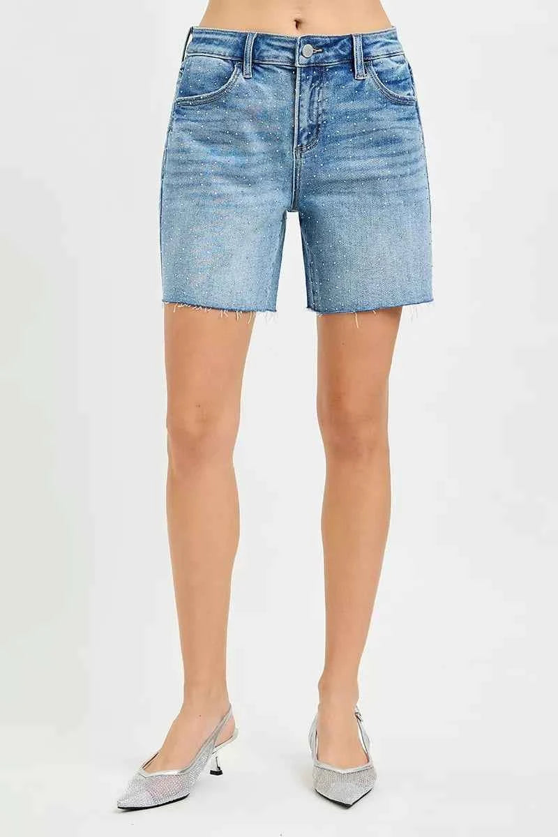 RISEN Slouchy Mid Length All Over Rhinestones Shorts